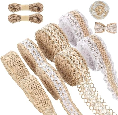 MIYUANGKJ Juteband mit Spitze 8 Rollen Juteband Natur Geschenkband Jute mit 2 Stück 10m Juteseil Leinwand-Spitzenband mit Weißer Bordüre Stoff für Weihnachten Hochzeit Party Zuhause Geschenkdekoration