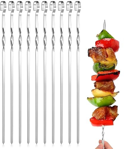 Spiedini per barbecue in acciaio inox, 10 spiedini per shish kebab, in acciaio inox, riutilizzabili, per carne, verdure e età vegane