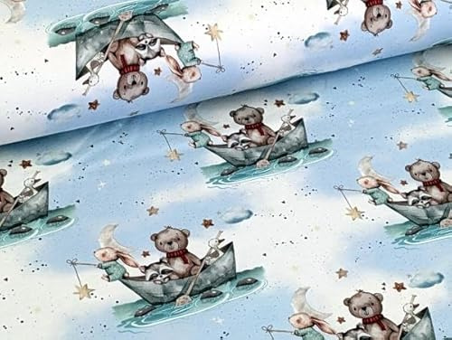 Eigenproduktion French Terry Sternentiere Hase und der Bär auf einem Boot Hellblau Stoff Meterware Kleiderstoff