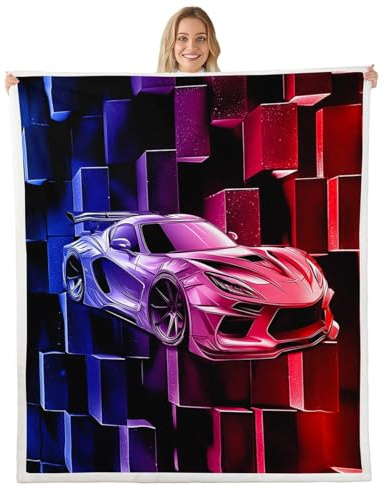 Loussiesd Cobija de forro polar Sherpa con diseño de coche de carreras, para niños y niñas, para deportes extremos, manta de felpa geométrica mullida para sofá cama, individual, 50 x 60 pulgadas