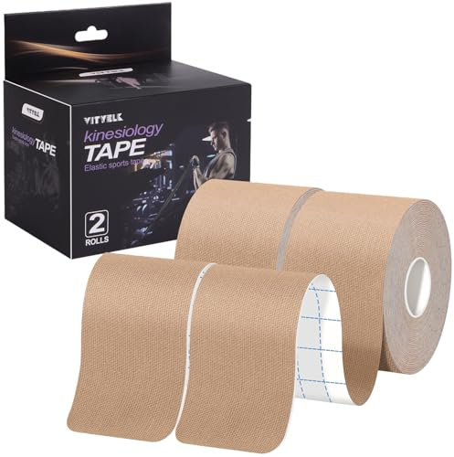 VityElk Kinesiology Tape, Beige, Uncut 32ft 2in Width (2 Rolls), Waterproof Latex Free Hypoallergenic Sports Tape, Elastic Muscle Support for Knee Shoulder Back Ankle Pain Relief
