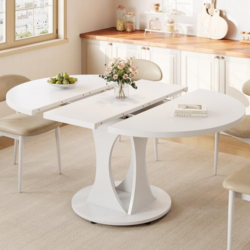 Einhomn 59 Extendable Round Dining Table for 6-8, Kitchen Table with Sturdy Double Arc Base & Backboard Clasp Desktop, Mid-Century Modern Dinner Table, Kitchen Dining Room, Space Saving, White