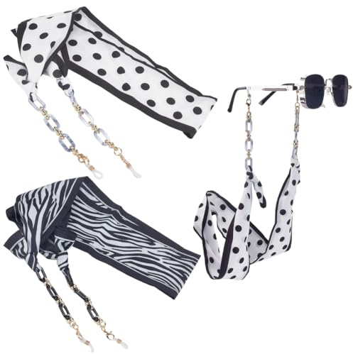 SOFPLATE 2 Styles 2Pcs Foulard Lanière de Lunettes Bohème Chaînes de Lunettes Rustiques Vintage Blanc Noir Élégant Foulard en Soie Lanière de Lunettes Réglable pour Lunettes de Soleil Cordon Porte Lun