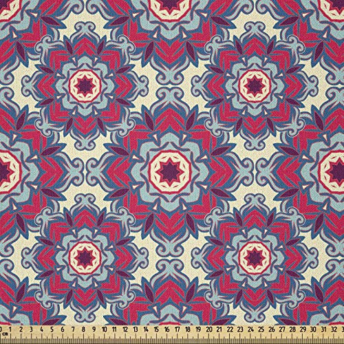 ABAKUHAUS Mandala Stoff als Meterware, Asiatische runde Zahlen, Microfaser Multi Zweck Dekostoff für Kunsthandwerke, 3M (230x300cm), Magenta Beige Blau