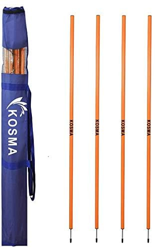 Kosma Pack of 4pc Speed Training Slalom Poles 5ft x 25mm with metal spike in Carry Bag - Colour: Orange | Agility Football Training Posts