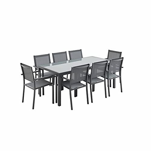 Alice's Garden - Gartengarnitur aus Aluminium und Textilene - anthrazit, grau, 1 großer rechteckiger Tisch 180 cm, 8 stapelbare Sessel - Capua