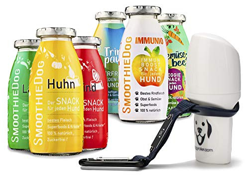 Hunde Smoothie SmoothieDog 6er Mix + Doggyroller m. Halter, Karabiner Blau - je 1x: Huhn, Rind, Lamm, Ente, Immunio, Veggie - Flüssiges Hundeleckerli - Zucker- & glutenfrei - Zubehör Hund - je 250ml