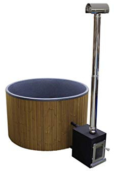 bambus-discount.com Hot Tub 180cm Set montiert mit Holzofen und Polyethylen Wanne schwarz marmoriert für Urlaub zu Hause