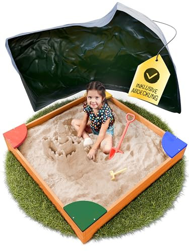 FRIEDO – Sandkasten mit Abdeckung 90x90 cm - Sandbox inkl. Bodenvlies zum Schutz vor Unkraut und Ungeziefer - Buddelkasten mit farbigen Ecken für den Garten - Sandkiste aus Holz mit Abdeckplane