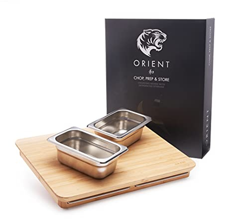 Bamboo Chopping Board with Storage Pots - 15 x 12 inch Raised Wood Cutting Boards with Storage Containers, Great for Carving with Inner Juice Well & Non Slip Feet
