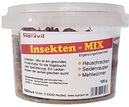 Supravit Vogelfutter Insekten Mix | getrocknete Insekten 100g | Insektenfutter für Vögel mit Mehlwürmer getrocknet, Seidenraupen, Heuschrecken für Wildvögel & Igel