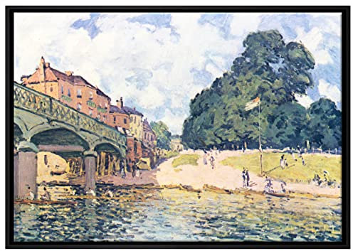 Pixxprint Alfred Sisley - Bridge At Hampton Court Leinwandbild 80x60 cm im Bilderahmen, Wandbild, Schattenfugenrahmen, Kein Poster