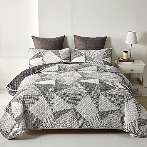 Lunoroey Tagesdecke, King-Size-Größe, 230x260 cm, ästhetisch, geometrisches Gitter, gestreift, leichte Mikrofaser, gesteppte Tagesdecken-Set, alle Jahreszeiten, Dekoration, Grau