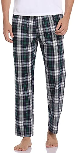 Litherday Pyjamasbyxor, herr, långa, rutiga pyjamasbyxor, 100% bomull, nattkläder, byxor med fickor, Blå + grön, XXL