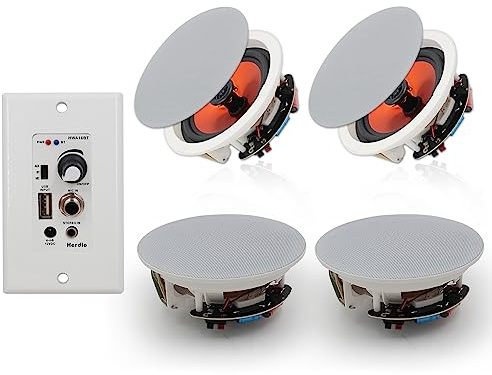 Herdio 6.5'' Bluetooth in Wall in Ceiling Speakers 600W 2-Way Flush Mount Speakers System with Wall Amplifier Receiver for Home Theater Office (2Pairs, Paintable-Grille)