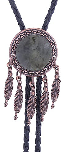 DELIGUO Bolo Ties Krawatte Für Herren - American Western Cowboy Feder Stein Anhänger Temperament Krawatte, Männlich Weiblich Vintage Lederseil Kostümzubehör,Grau,Einheitsgröße