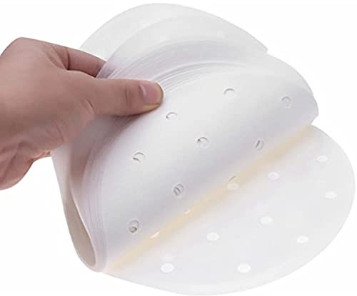 HAOSHICS 100PCS Round Disposable Perforated Parchment Bamboo Steamer Paper Liners for Air Fryer, Steaming Basket, Cake Baking, Cheesecakes, Dutch Oven, Tortilla Press (100PCS 9 inch)