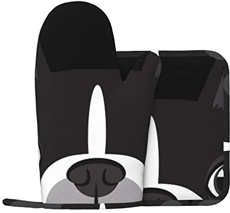 Schwarz und Weiß Hund Ofenhandschuhe und Topflappen Set für Küche Kochen und Backen und Mikrowellenherd Silikon Anti-Heiße Handschuhe + Anti-Heiß-Pad (Linke Hand Handschuh)