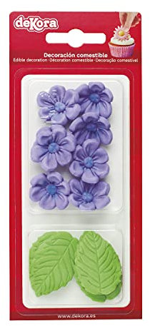 Dekora - Confezione da 8 Fiori Viola e 5 Foglie Verdi di Pasta di Zucchero - Cake Topper Commestibili - Decorazione per Torta di Compleanno in Pasta di Zucchero