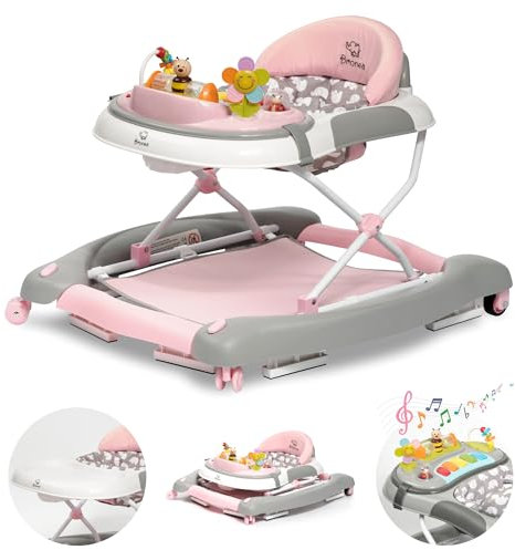 BRONEA 4-in-1 Gehfrei Babywalker ab 6 Monate | Lauflernwagen mit Schaukelfunktion und Spielpaneel mit Musik | Höhenverstellbare und Klappbar | Lauflernhilfe mit leisen Rollen und Bremsen