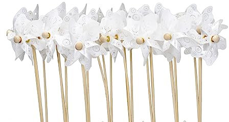 dekoratives kleines Windrad Windmühle auf Stab PVC weiß-transparent mit stilisiertem Blütenmuster als 4-er oder 8 -er Set (klein, weiß, 4)