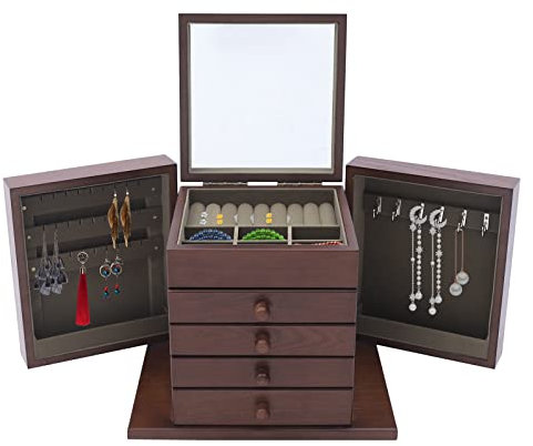 Acesunny Holz Schmuckkoffer Schmuck Schmuckkasten mit 4 Schubladen Geschenke für Damen Schmuck Organizer Groß Schmuckkoffer Schmuckschatulle