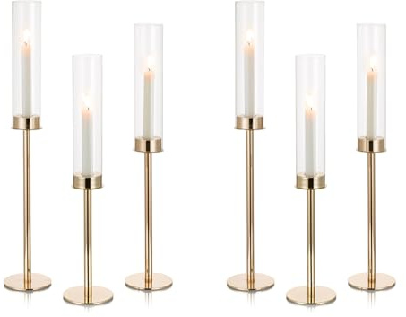 Nuptio Glaszylinder für Kerzen Kerzenhalter Gold: 60 & 55 & 50cm Groß Klarglas Metall Kerzenständer Stabkerzen Stabkerzenhalter Bodenlosen Zylinder Schatten Hochzeit Party Tisch Tafelaufsatz Dekor