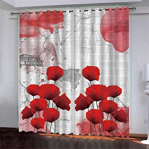 Vorhang Blickdicht Gardinen Mit Ösen - 2 Stücke 220(B) X215(H) cm Verdunklungsvorhänge 3D Rote Pflanzenblume Muster Thermovorhang Für Kinderzimmer Schlafzimmer Weihnachtsgardinen