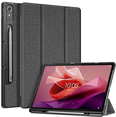 Fintie Hülle mit Stifthalter für Lenovo Tab P12 Tablet 12,7 TB370FU 2023, Ultradünne Flip Case Cover mit Auto Schlaf/Wach, Ständer Funktion, Denim Grau