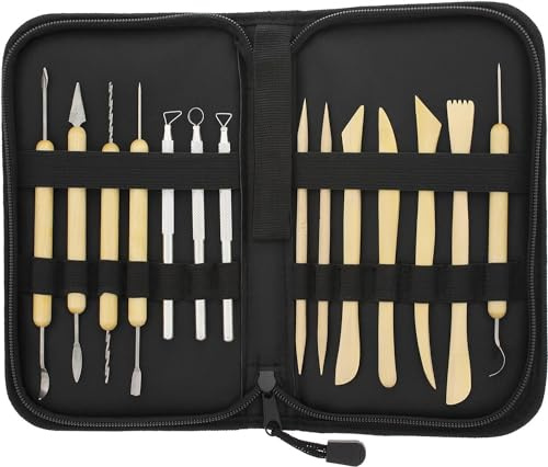 Wood Pottery Tool Set, 14 Piece All-in-one Wood Clay Modeling Tools Boxwood Sculpey Sculpture Ceramic Tools Kit with Convient Carry Storage Case