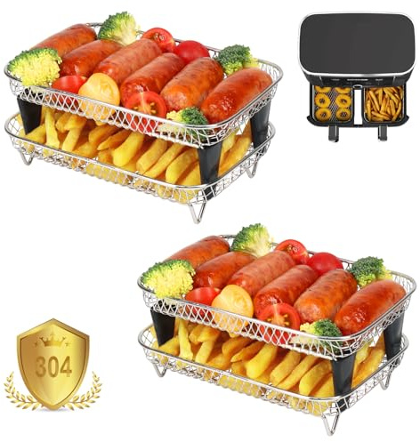YQL 4 Layers Air Fryer Racks for Ninja Foodi Dual Zone 7.6L A300UK/AF200UK | 304 Stainless Steel Air Fryer Accessories, Stackable Trays with 8pcs Silicone Feet for Instant/Salter/EMtronics Dual Basket