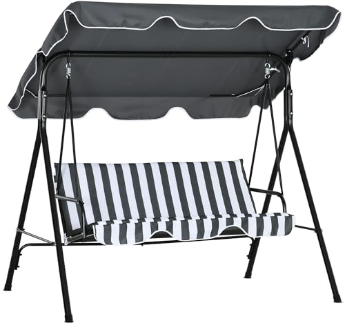 Outsunny 3 Seater Swing Chair with Adjustable Canopy, Garden Swing Seat with Steel Frame, Padded Seat, Grey and White