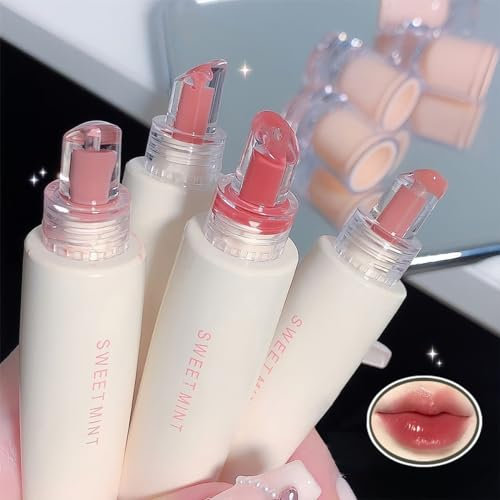 Baorder 4Pcs Gloss à lèvres en gelée hydratante,Set de glaçage à lèvres imperméable et anti-adhérent,Baume à lèvres teinté hydratant,Rouges à lèvres liquides repulpants avec miroir éclairant Lip Gloss