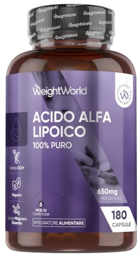Alfa liponsyra kapslar – 650 mg per portion – 180 veganska rena ALA-kapslar – 6+ månaders förråd – 1 kapsel var tredje dag – Alfa-liponsyra – Glutenfri och magnesiumstearatfri – WeightWorld