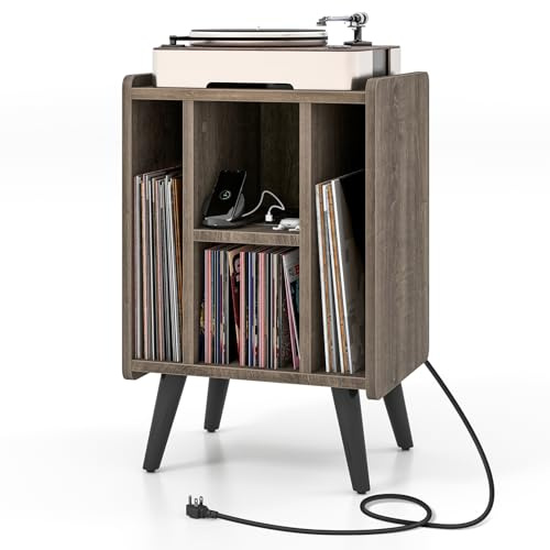 GIANTEX Mesa Auxiliar para Tocadiscos con Estación de Carga, Mesilla de Noche con Compartimentos de Almacenamiento de Vinilo, Estante de Exhibición de Discos para Salón, Dormitorio (Gris Roble)