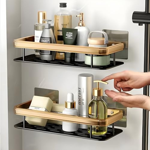 SmartSwift Duschablage ohne Bohren – Badezimmer Organizer – 2 Ablagen im einzigartigem Design – rostfrei, hohe Kapazität und einfache Installation (Gold & Schwarz)