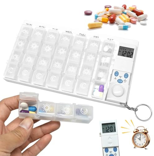 Sporgo Pilulier 7 jours avec alarme : pilulier 4 compartiments, boîte à médicaments 7 jours avec minuterie et rappel de réveil, distributeur de comprimés portable organisateur de médicaments