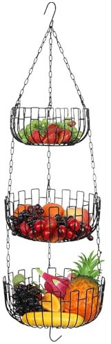 Fogukier Fruit Basket Hanging Stand, Tiered Wire Organizer Metal Vegetable Basket, Hanging Wire Baskets, Fruit Holder and Organizer, Metal Detachable Heavy Duty Storage Basket for Kitchen