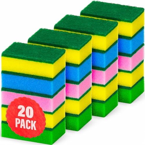 DecorRack 20 Count Non-Scratch Cleaning Scrub Sponges, Dual-Sided Heavy Duty Kitchen Sponges for Dishes, Cleaning Household, Bathroom, Car Wash - Multicolor (Pack of 20)