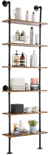VEVOR Industrial Pipe Shelf, 6 Tier 24x9.84in, Wall-Mount Floating Rustic Wood Shelves Bracket Display Bookshelf, Storage Rack Sundries Holder for Kitchen Bedroom Bathroom Living Room, Black