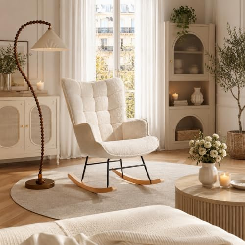 LONELYO Fauteuil à Bascule, Rocking Chair en Tissu Teddy Beige, Fauteuil de Salon avec Assise Rembourrée, Dossier Carré avec Accoudoirs Confortables, Idéal pour Salon et Chambre, Coin Lecture
