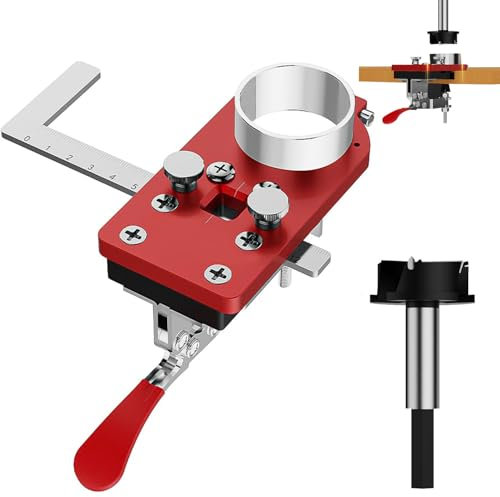 Bohrschablone für Topfscharniere, Topfband Bohrschablone mit Bohrer, Aluminium Scharnier Bohrschablone, für Topfbänder mit Topf-Ø 35 mm und Bohrlochabstand 45 mm (Rot)