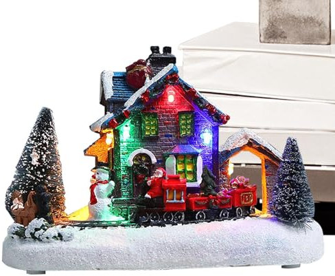 Teksome Weihnachtsdorf,Weihnachtsdörfer - Harz-LED-beleuchtete Weihnachtshäuser, Weihnachtsmann-Zug-Ornament - Miniatur-Desktop-Weihnachtsornament, batteriebetrieben, Landschaftsdekoration für