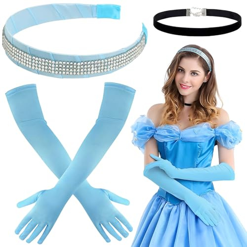 BOFUNX Blau Haarreif mit Strass + Satin Handschuhe Lang Handschuhe + Schwarz Choker Halskette + Kristall Ohrstecker, Prinzessin Kostüm für Fasching Karneval Mottoparty Cosplay