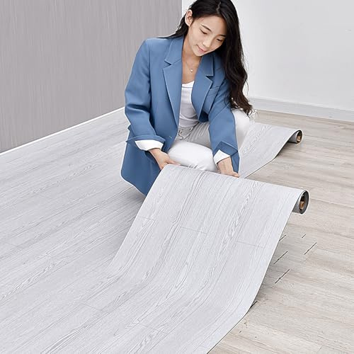 2 Rolls 15.7''x10FT Peel and Stick Vinyl Flooring Roll FOGZUVR: 25.73 Sq.ft Self-Adhesive Wood Grain Peel and Stick Floor Tiles Waterproof for Living Room, Bedroom, Bathroom & Kitchen(Paleish Grey‌)