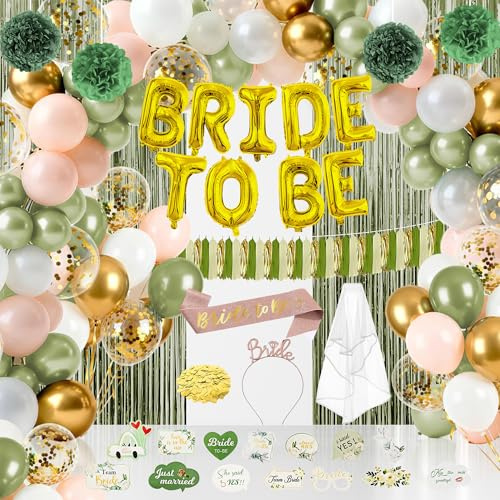 Sage Green Bridal Shower Decoration,Morandi Green Bridal Veil Bachelor Party,Wedding Gift,Rose Gold Wire with Gold Foil Letters Crown,Bridal Shower Balloon ,Tassel Curtain,Photography Prop Decoration