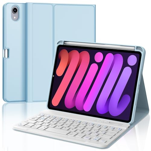 Occtingkind Funda con Teclado para iPad Mini 7 8.3 2024, Teclado Español Ñ Desmontable Bluetooth y Funda de Diseño Minimalista 360° Delgada y Moderna, Compatible con iPad Mini 6 2021, Azul Claro