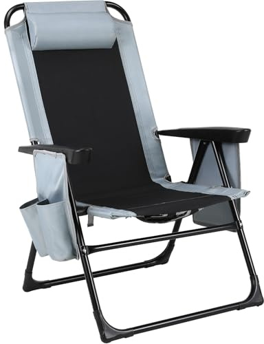 LIFERUN Chaise de Camping Pliable Inclinable avec Bandoulière, Dossier Haut Réglable, Appuie-Tête, Sac à Glace, Fauteuil Pliant Exterieur Facile à Transporter pour Voyages, Pêche, Plage, Jardin
