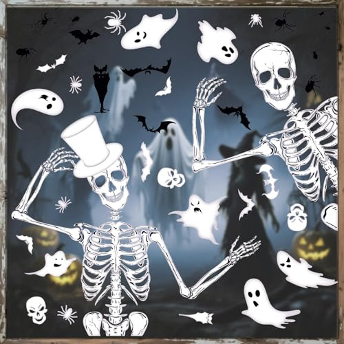Halloween Fensterbilder, Cshare Große Skelett Fensteraufkleber mit Geisterfledermaus, Spinnennetz, Wiederverwendbare Doppelseitige Halloween Dekorationen für Glasräume und Partys, 9 Bögen
