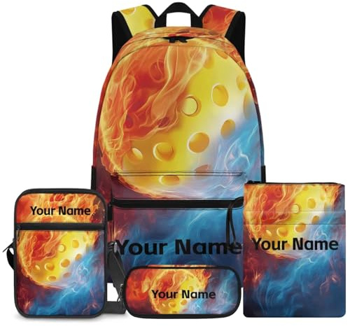 Fishisbird Fire & Ice Golf Ball Printed 17 Inch Primary Rucksack Set Basic 4pcs School Bags Large Capacity Double Zipper Backpack Sets (Zippered Book Cover, Pencil Case, Waist Bag)